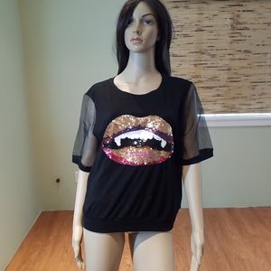 Sequin T-shirt  by Navie With Sequin Open Mouth L